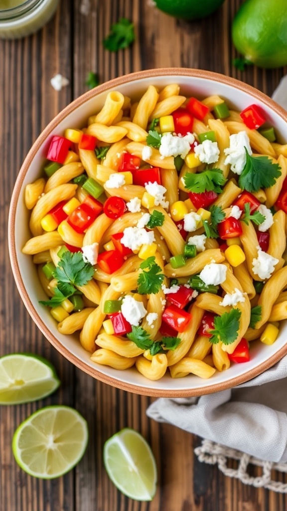 A colorful bowl of corn pasta salad with bell peppers and cilantro, garnished with feta cheese on a wooden table.